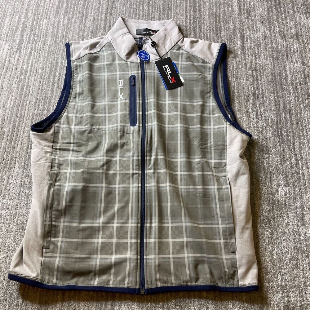 RLX Vest Ralph Lauren Golf Mens Large Full Zip Gray Plaid Stretch Wicking Gilet